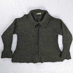 VTG Green Wool Hand Loomed In Ireland Button Front Collared Bell Sleeve Sweater